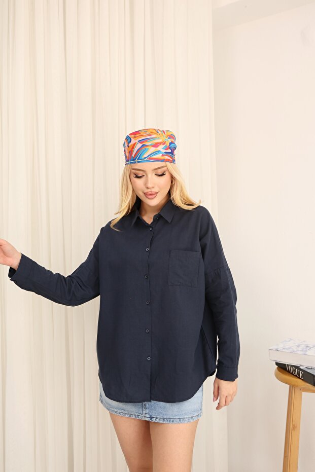 Women's Linen Oversized Shirt, Long and Comfortable Cut, Pocketed Buttons, Stylish Model Suitable for Hijab Combination.
