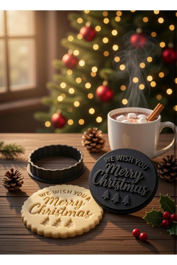 Merry Christmas Round Cookie Mold - Christmas Themed with the Text We Wish You a Merry Christmas