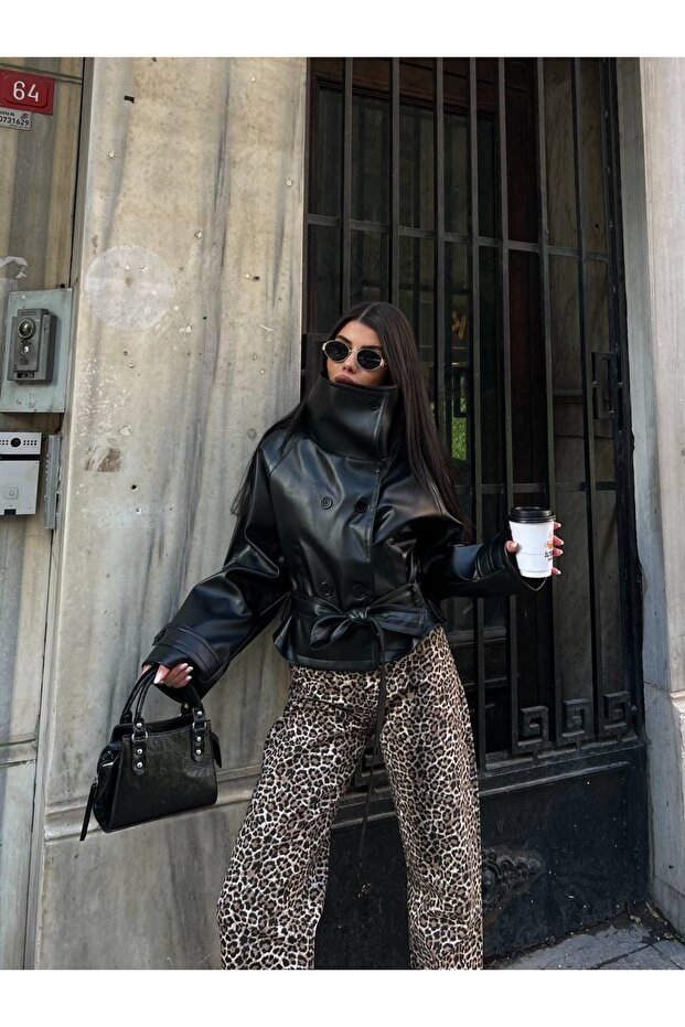 جلد سترة بـ ياقة مرتفعة متوسطة الطول أزرار - 3