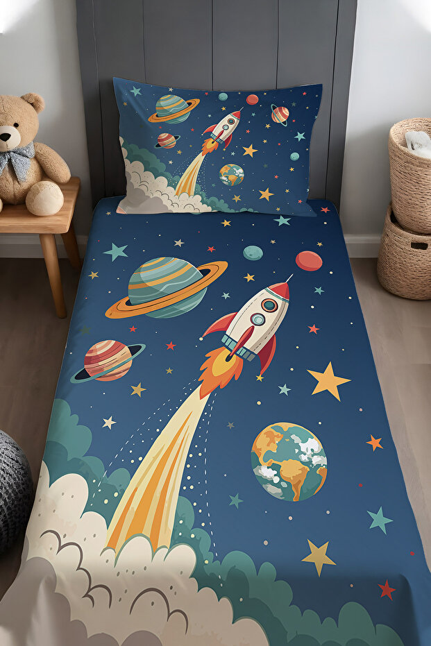 Blue Space Journey Patterned Bedspread and Pillowcase