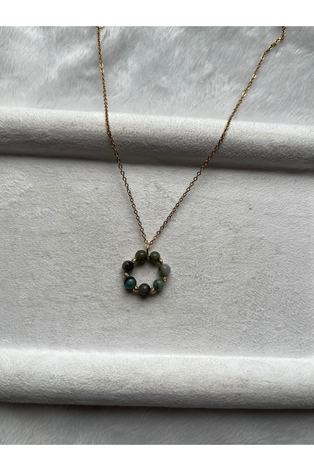 Emerald Stone Ring Model Gold Color Steel Necklace Handcrafted