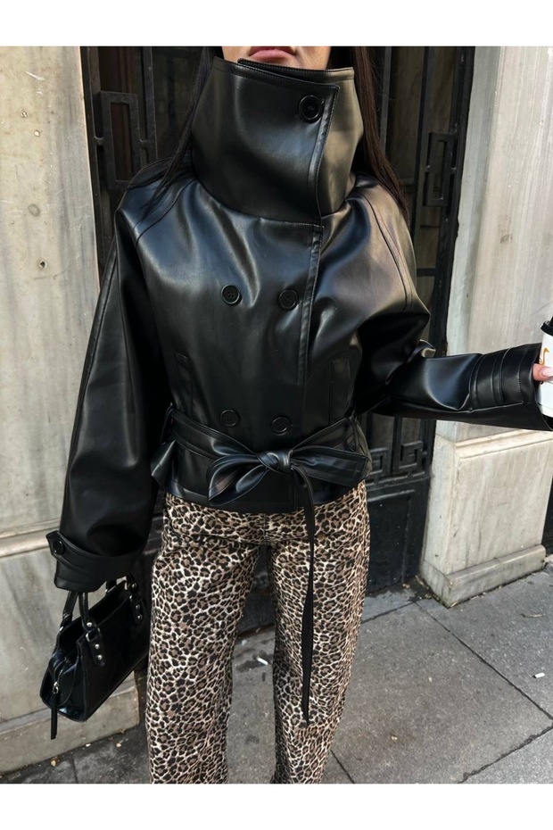 جلد سترة بـ ياقة مرتفعة متوسطة الطول أزرار - 1