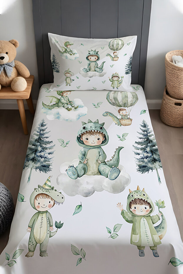Cute Dinosaur Child Patterned Bedspread and Pillowcase