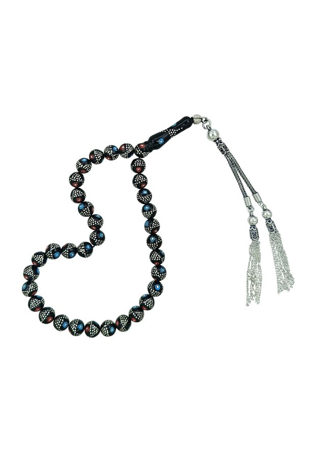 Turquoise Coral and Silver Inlaid B Ankle-Length Genuine Erzurum Oltu Stone Prayer Beads 8 mm