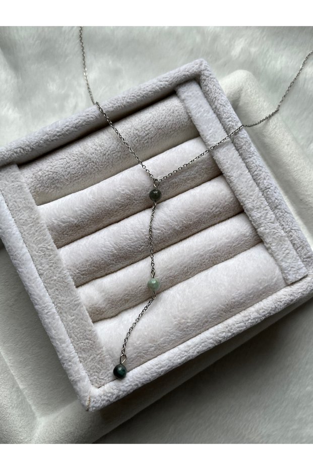 Emerald Stone Silver Color Steel Y Necklace Handmade