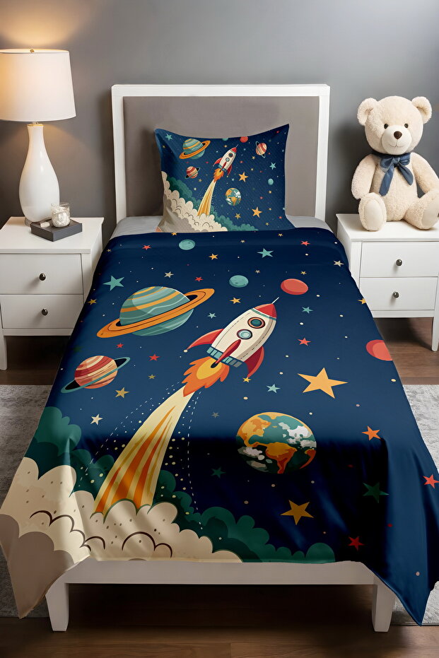 Blue Space Travel Patterned Single Baby Kids Piqué Set