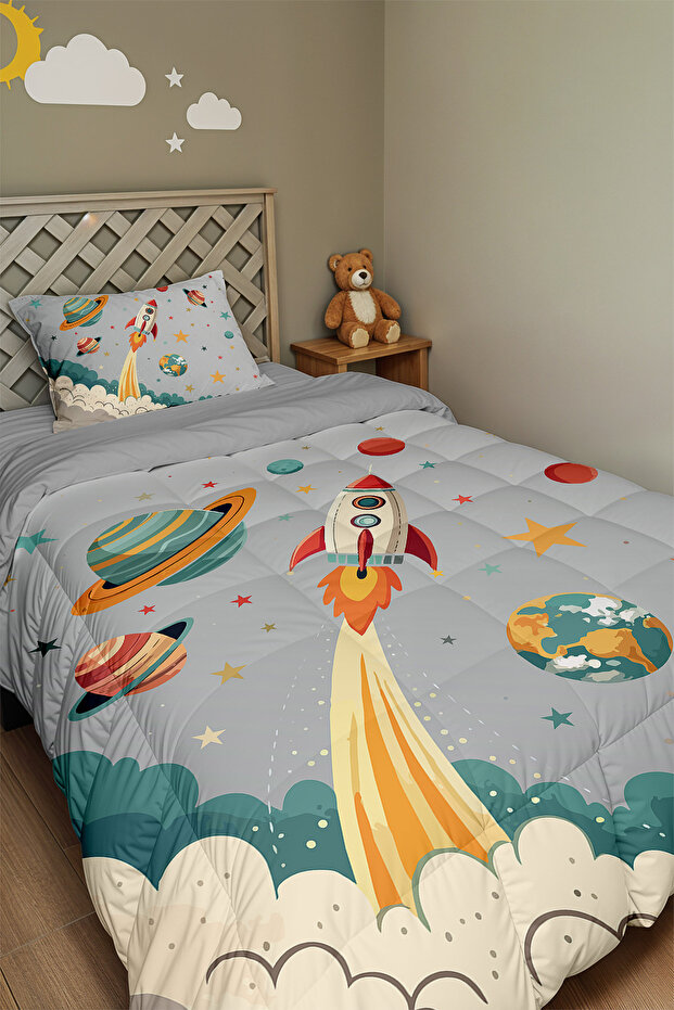 Gray Space Travel Patterned Single Duvet and Pillowcase