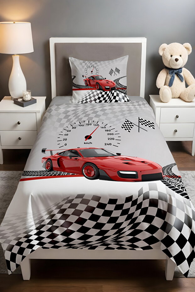 Red Race Car Patterned Single Baby Kids Piqué Set