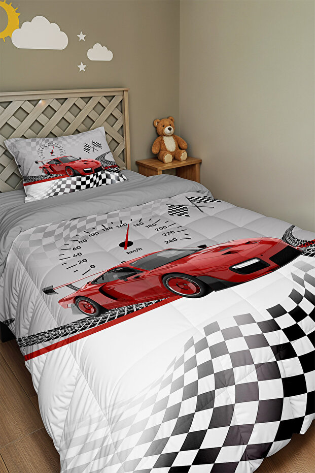 Red Race Car Patterned Single Duvet and Pillowcase