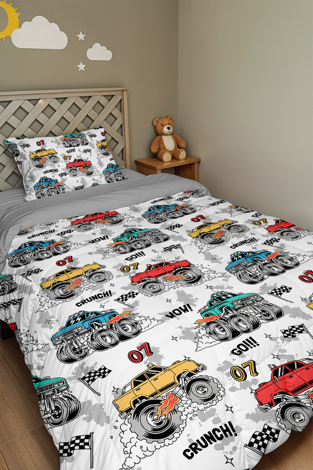 Powerful Trucks Patterned Single Duvet and Pillowcase