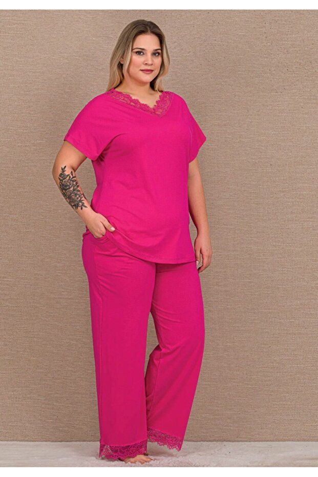 Pink Cotton Lu Coton Plus Size V-Neck Wide-Leg Pajama Set