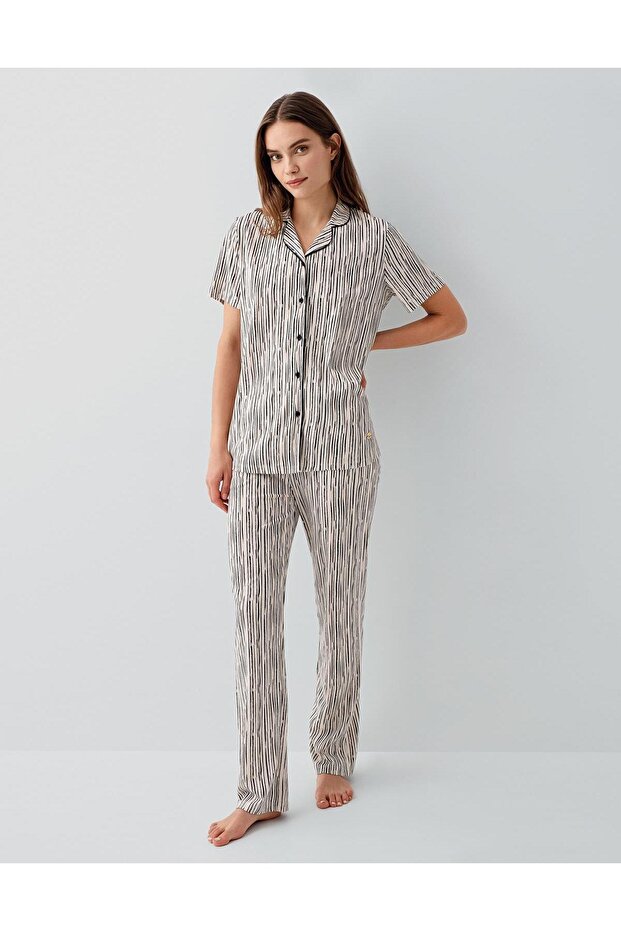 Women's Cotton Modal Pajama Set – Button down Short Sleeve Shirt Collar and Long Bottom, Striped