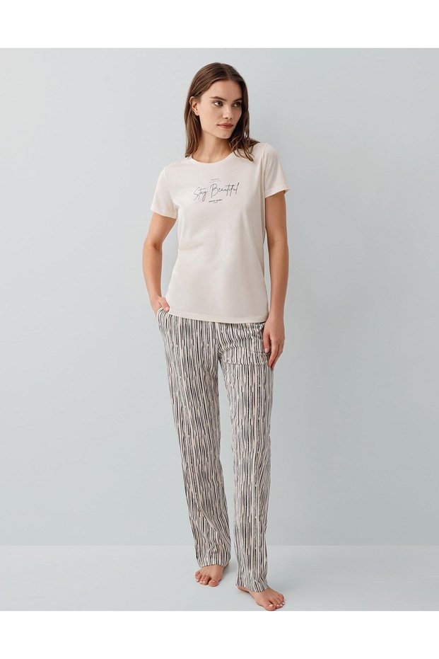 Women's Modal Cotton Pajama Set – Short Sleeve T-Shirt and Striped Bottoms, Relaxed Fit, Pocket Detail