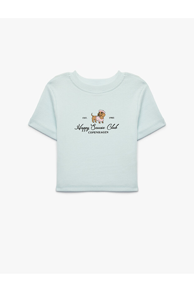 Short Sleeve Crew Neck Cotton Dog Printed Corded Fabric T-Shirt