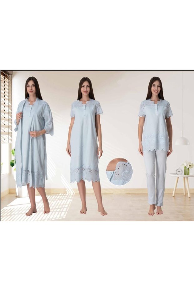 Dvina Maternity Nightgown, Dressing Gown and Pajama Set Complete Set - 4-Piece Set - Blue