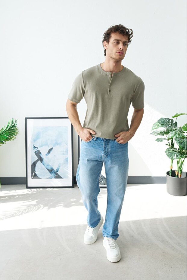 Men's Çağla Henley Buttoned Collar Half Placket Knitted Basic T-Shirt - 4