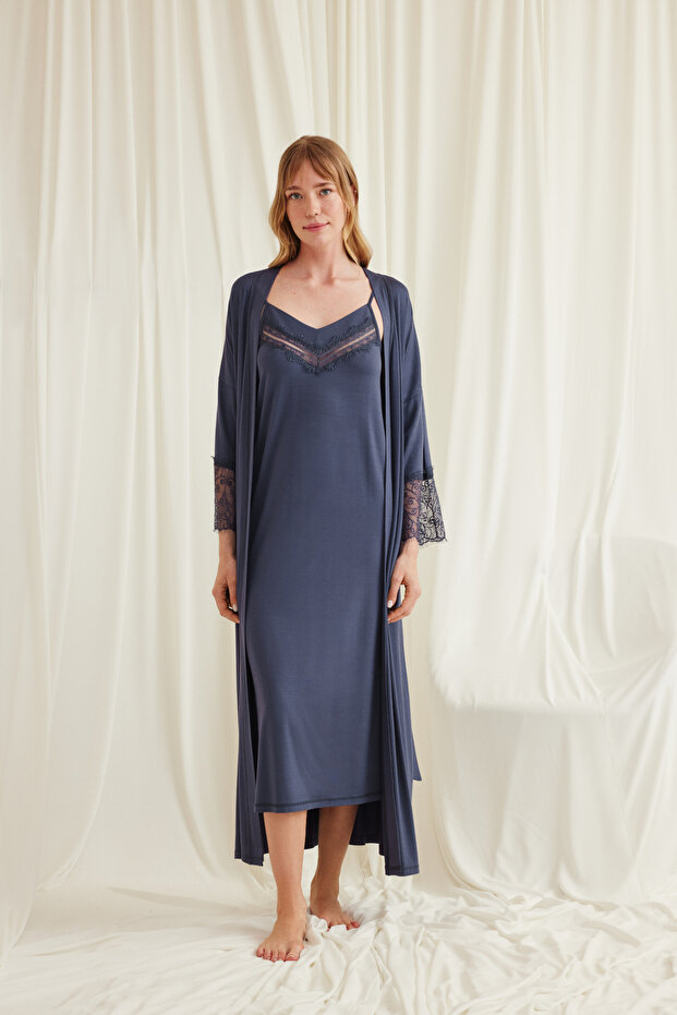 Women'S, Navy Blue, Viscose Piece, Low-Cut, Collar and Sleeves, Lace Piece Dressing Gown Set