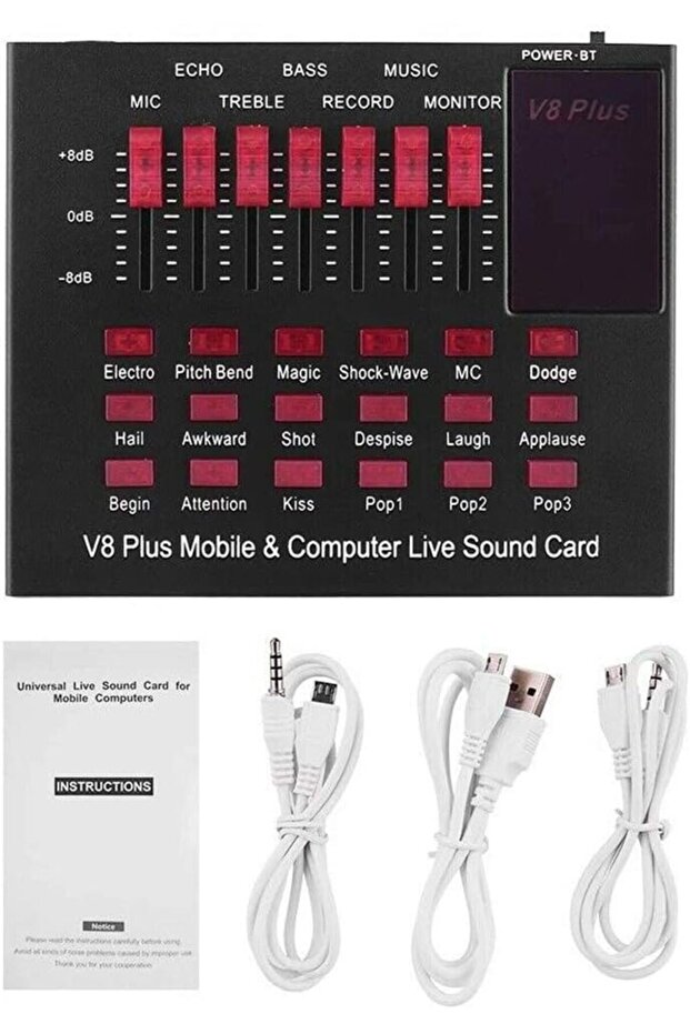 كرت صوت V8 Plus للبث المباشر والتسجيل - ميكسر صوت احترافي متوافق مع الجوال والكمبيوتر، يدعم البلوتوث