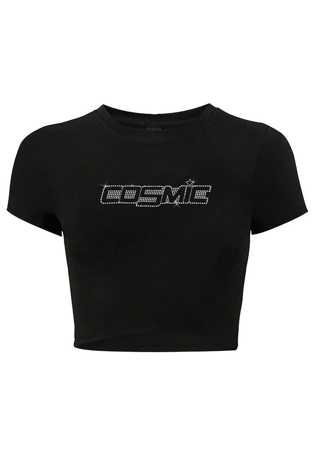 Harajuku Y2K Cosmic Written Glitter Stone Printed Black Cropped Tshirt
