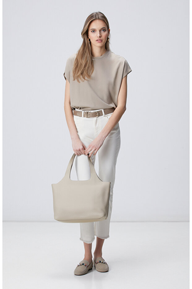 Krem Kadın Deri Çanta - 2