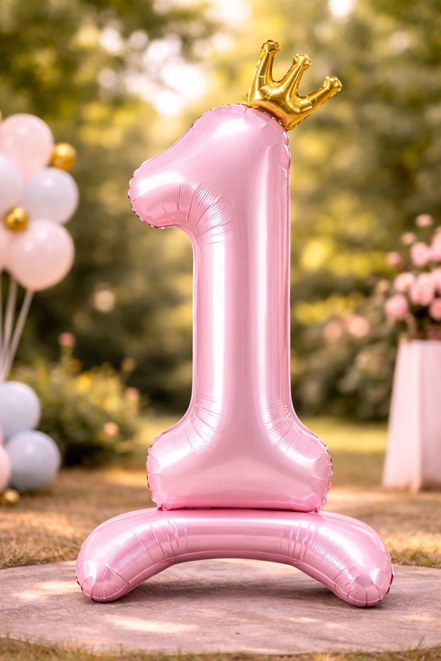 1 Year Old Pink Footed Crowned Foil Number Balloon 78 cm Birthday Party Decoration Ornament