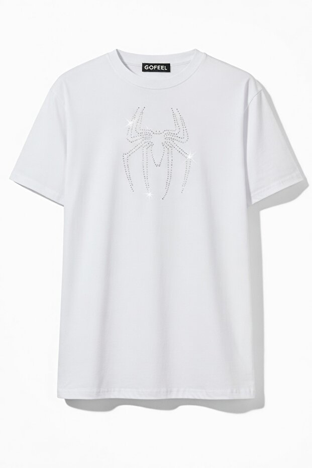 Unisex Oversized White Spider Glitter Rhinestone T-Shirt