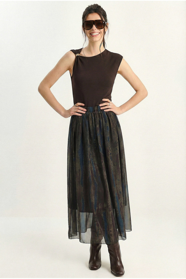 Women's Khaki Blue Patterned Elastic Waist Lined Long Chiffon Skirt 6130 60283968