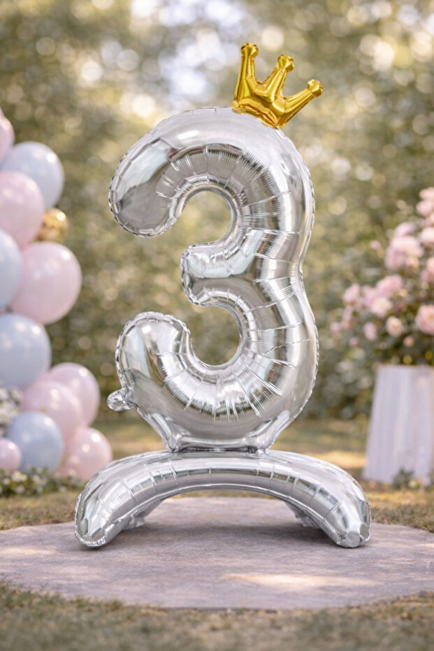 3 Year Old Silver Footed Crowned Foil Number Balloon 78 cm Birthday Party Decoration Ornament