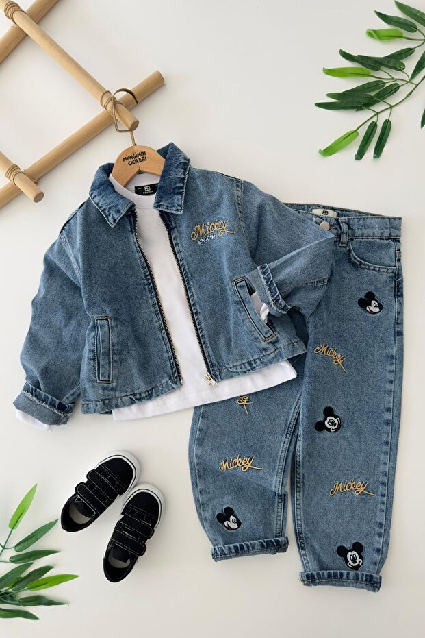 Miniğimin Cicileri Mcky Embroidered Boys' 3-Piece Denim Sports Set - Blue