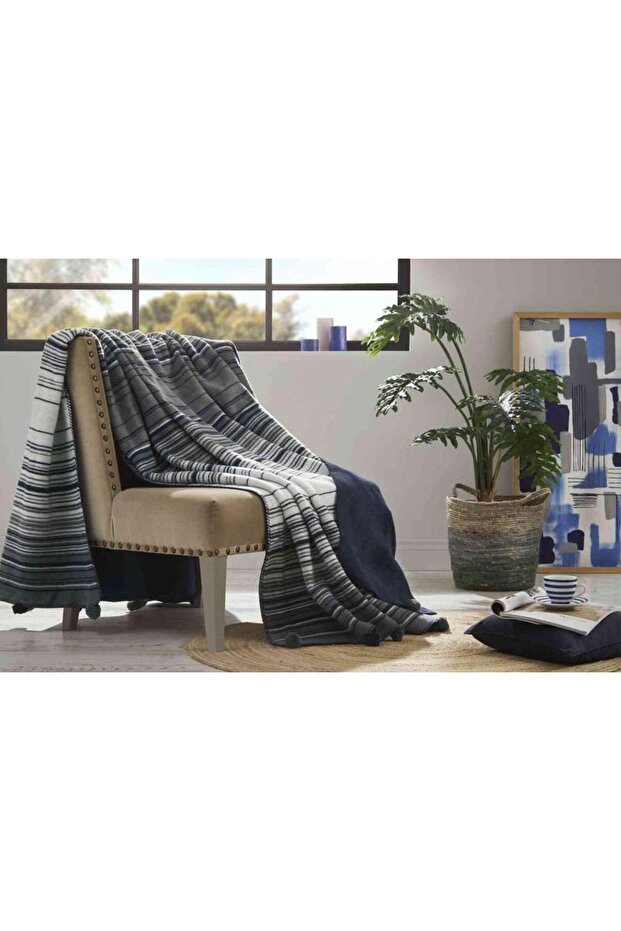 Blanket Cotton Stripe Pompon Single Blue