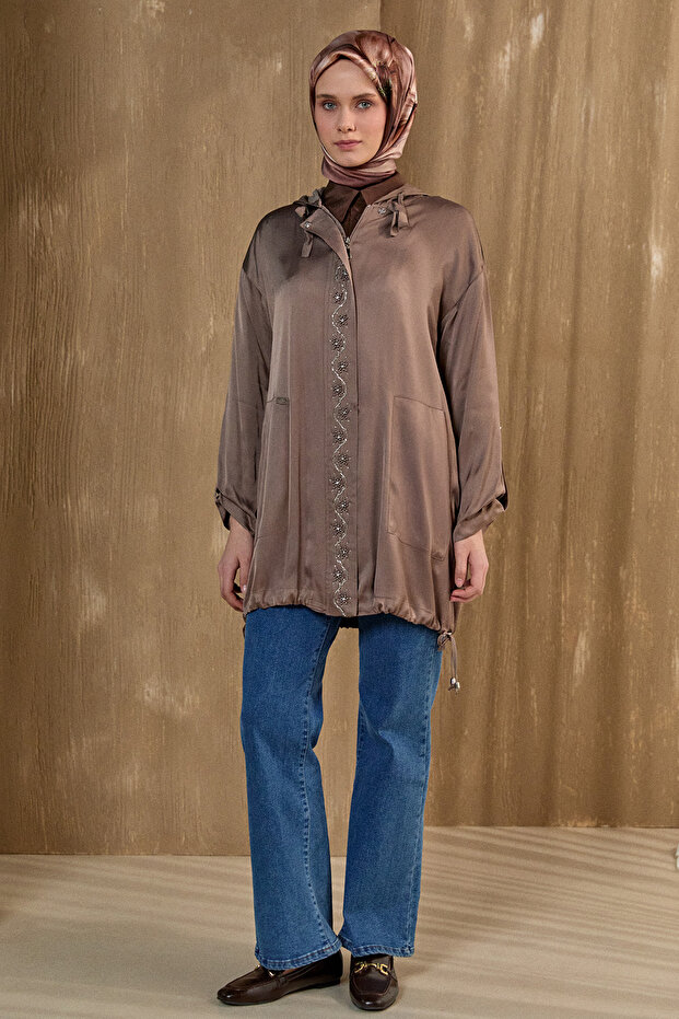 İşlemeli Floş Saten Tunik - 5