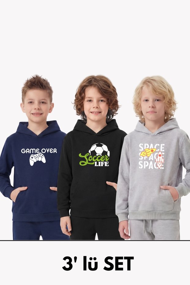 3-Pack Hooded and Kanguru Pocket Detail Printed Boys' 3-Piece Sweatshirt