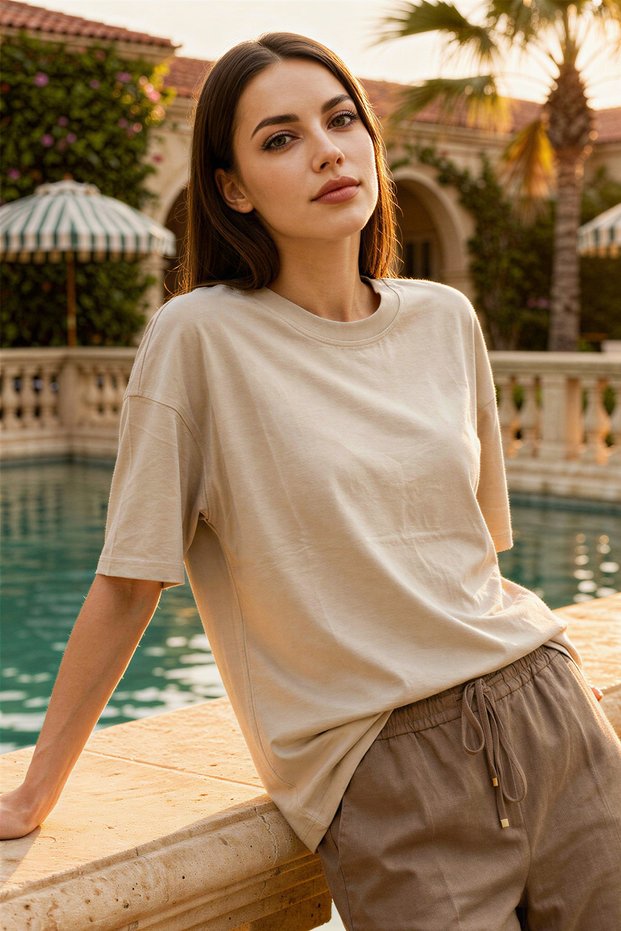 Stone 100% Cotton Oversized Basic Short Sleeve Crew Neck Women's T-Shirt