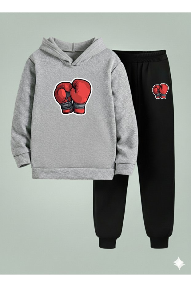 Kids Boys Hooded Set Glove Printed 3-Yarn Sha Brushed Inside Weatshirt - Sweatpants Set