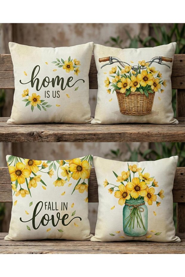 Yellow Floral Print 3D Digital Print Country Style 4-Piece Decorative Set of Cushion Cover