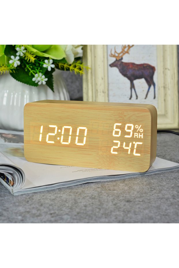 Wooden clock, rectangular, cream, with white display, temperature indicator