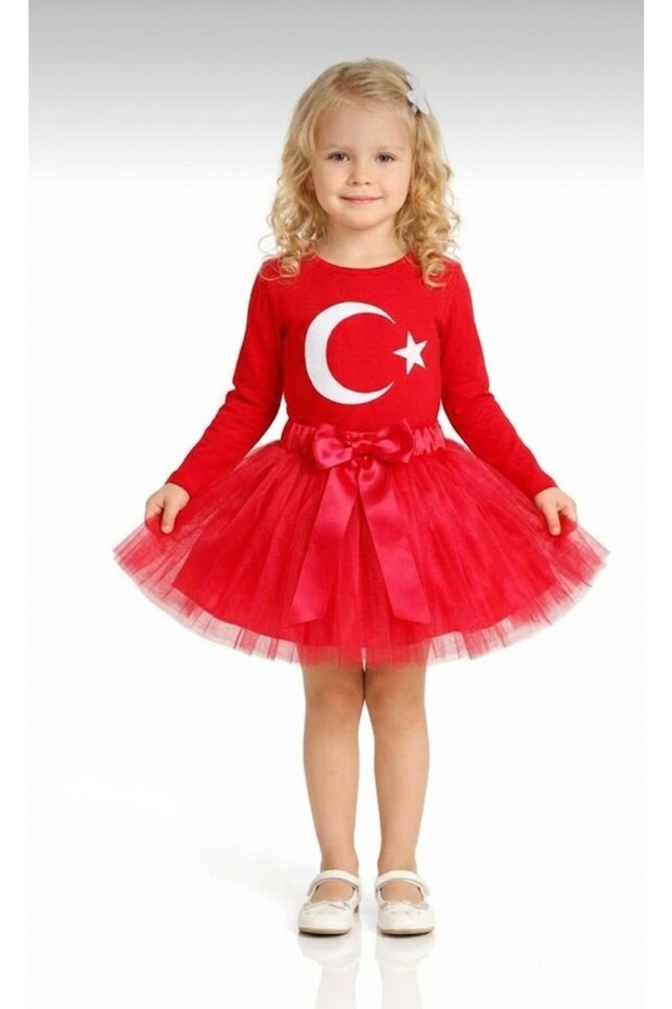 Girl's April 23 October 29 Performance Outfit Red Long Sleeve Star and Moon T-Shirt Red Tutu Skirt Set