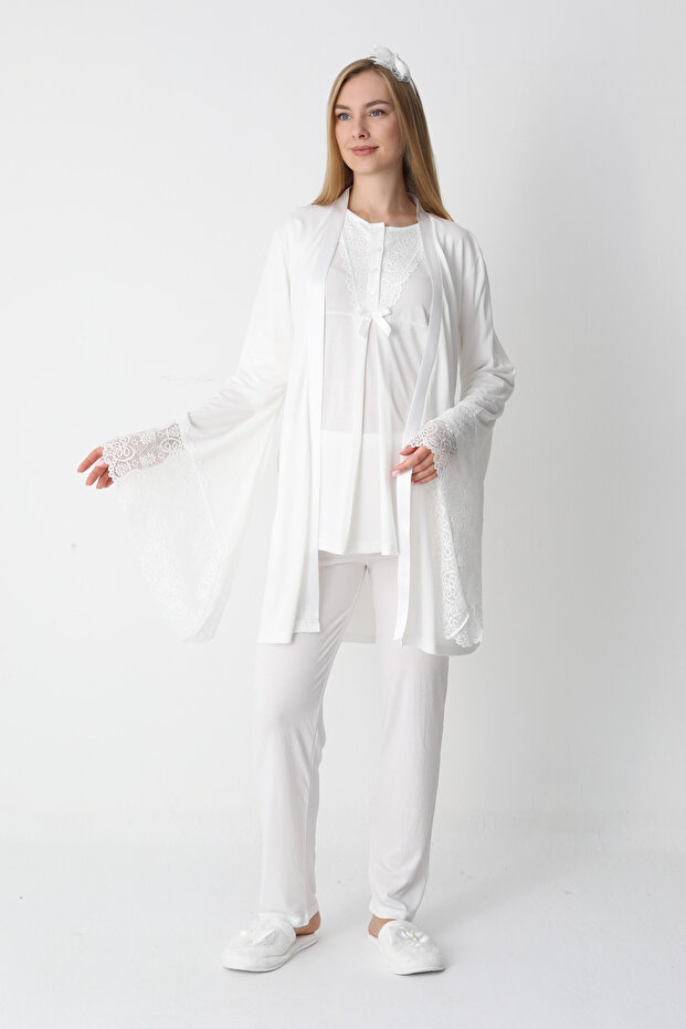 Lace Sleeveless 3-Piece Maternity Pajama and Dressing Gown Set (Contains Cotton Pieces Viscose)