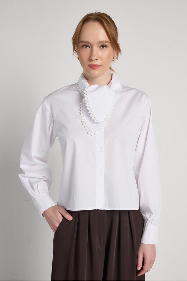 Women's White Lace Detailed Scarf Collar Shirt 31005