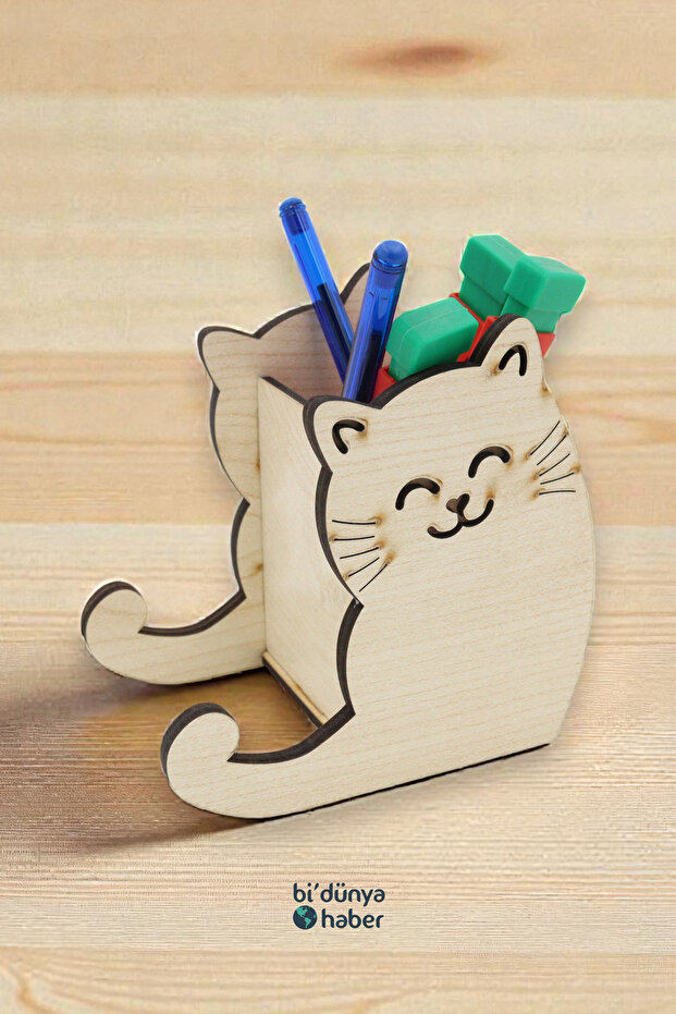 Wooden Cat Patterned Pen Holder and Phone Holder