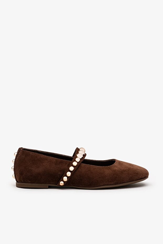 Mery Brown Suede Leather Women's Pearl Ballerinas