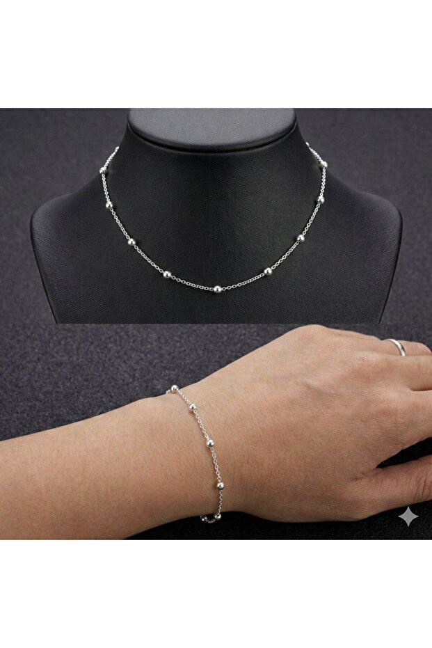 2-Piece Women's Silver Color Thin Ball Chain Necklace and Bracelet Set