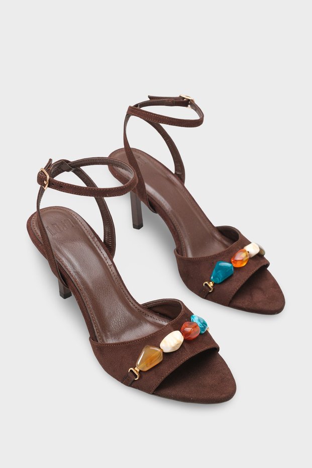Women's Pointed Toe Ankle Strap Shoes with Sea Stone Detail, Daily Wear Heeled Shoes Marassi Brown Suede