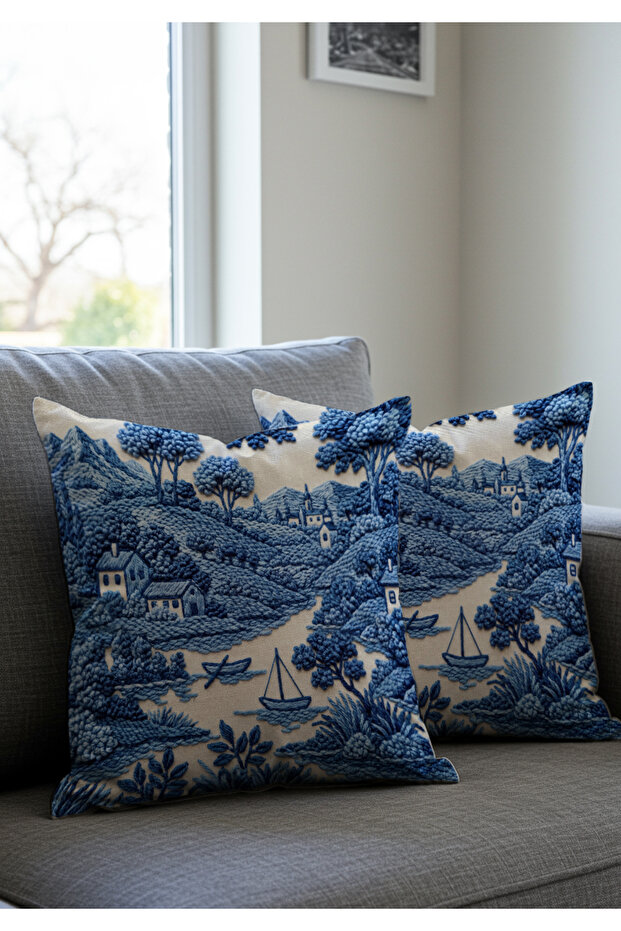 Delftware Punch Embroidery Patterned Digital Print Blue Decorative 2-Piece Set of Cushion Cover Pastoral Landscape