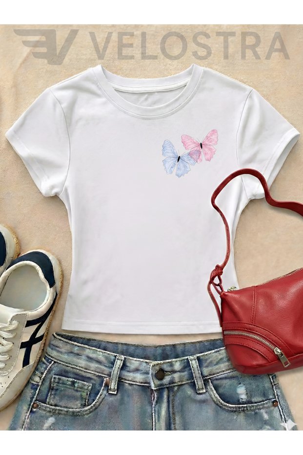 Women's Kelebek Printed Basic Daily Use Cropped T-Shirt