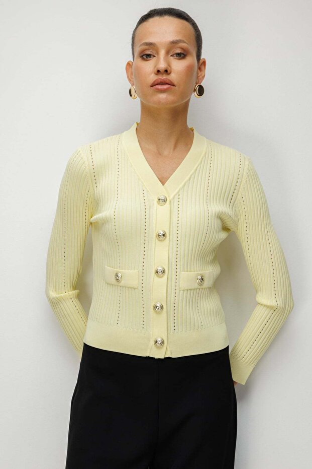 V Yaka Fitilli Triko Hırka - 1