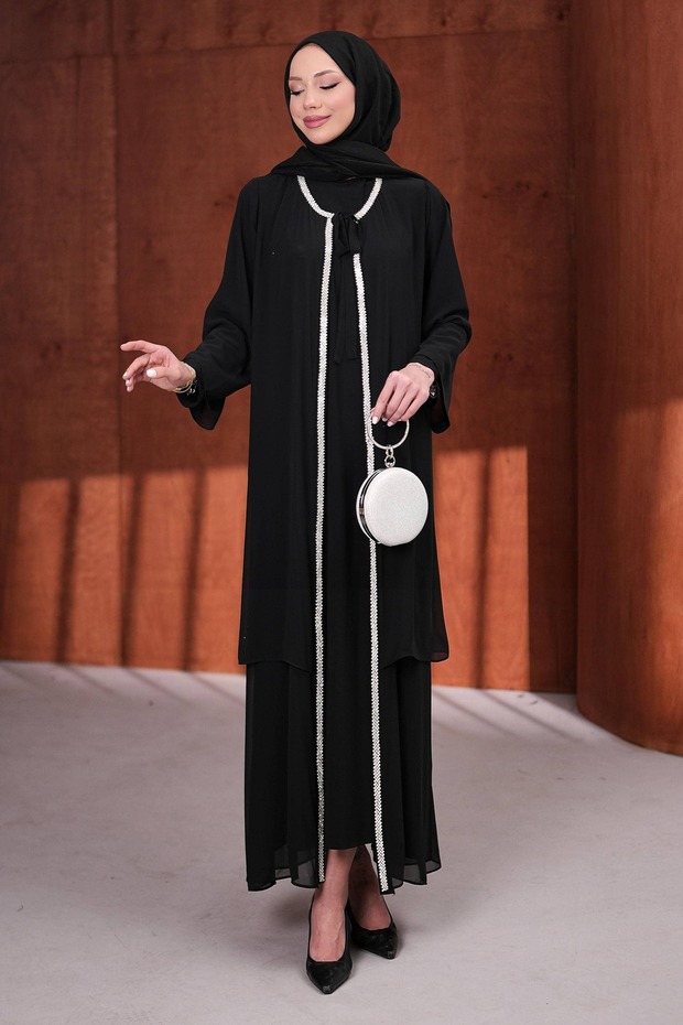 Black Front Tie-Detail Stone Abya Set
