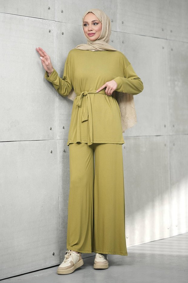 Oil Green Waist Tie-Detail Tunic with Trousers Modal Set