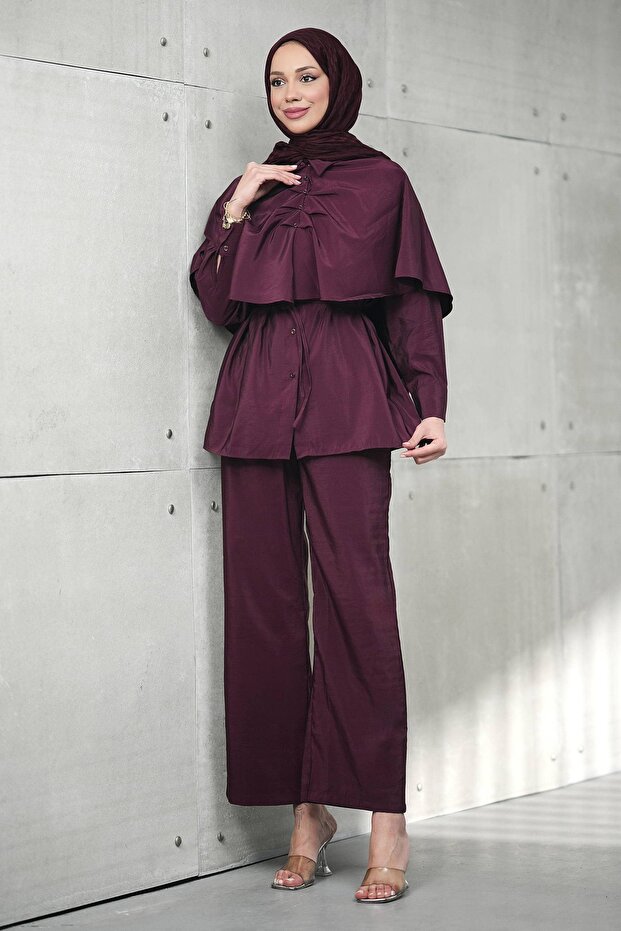 Plum Cape Detailed Tunic and Trousers Set