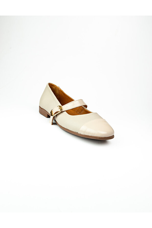 5003 Beige Leather With Scarf Women Ballet Flats